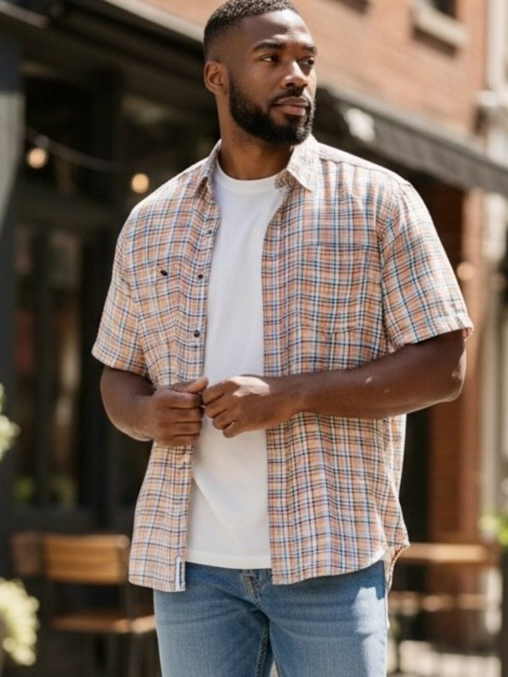 Goodfellow Short Sleeve Button-Up Plaid Camp Shirt Blue Peach Recycled Men's XL